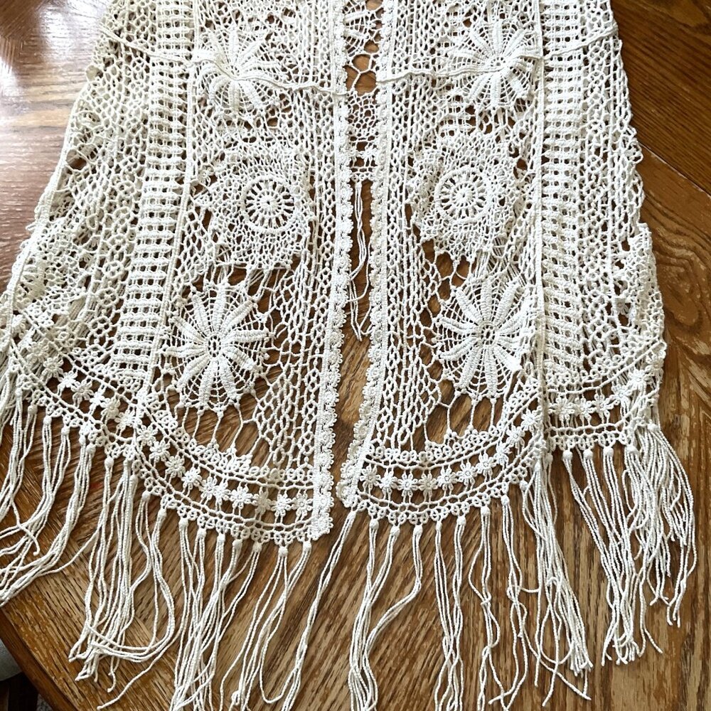 CATO CROCHET FLORAL  LACE FRINGE BOHO OPEN FRONT CARDIGAN - Picture 10 of 16
